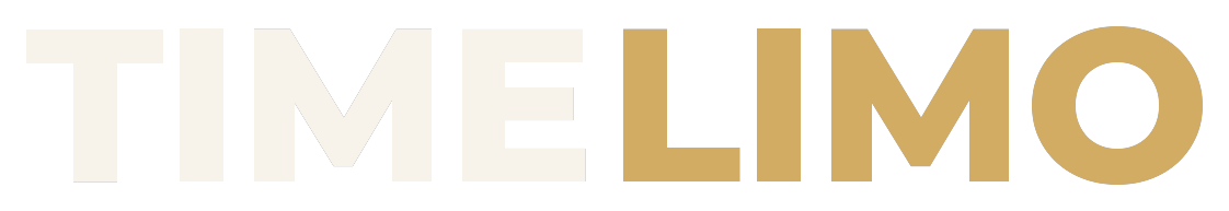 Logo reading TIMELIMO, with 'TIME' in ivory and 'LIMO' in gold on a black background.